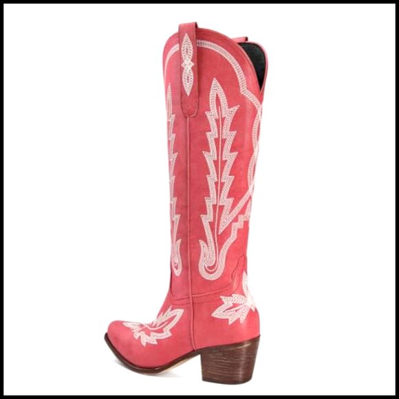 Knee High Cowgirl Boots Embroidered Pull On Pointed Toe Chunky Heel Wide Calf - Picture 6 of 7